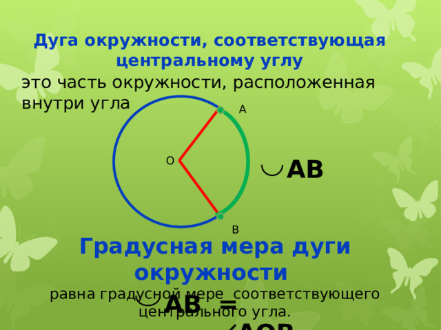 Дуга окружности, соответствующая центральному углу это часть окружности, расположенная внутри угла А АВ О В Градусная мера дуги окружности равна градусной мере соответствующего центрального угла. =  АОВ АВ