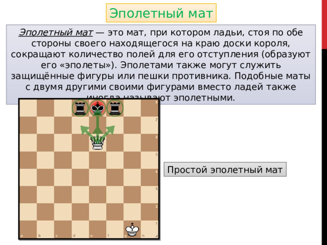 Эполетный мат Эполетный мат — это мат, при котором ладьи, стоя по обе стороны своего находящегося на краю доски короля, сокращают количество полей для его отступления (образуют его «эполеты»). Эполетами также могут служить защищённые фигуры или пешки противника. Подобные маты с двумя другими своими фигурами вместо ладей также иногда называют эполетными. Простой эполетный мат