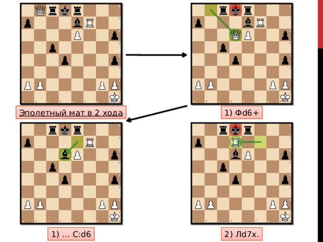 Эполетный мат в 2 хода 1) Фd6+ 1) … С:d6 2) Лd7x.