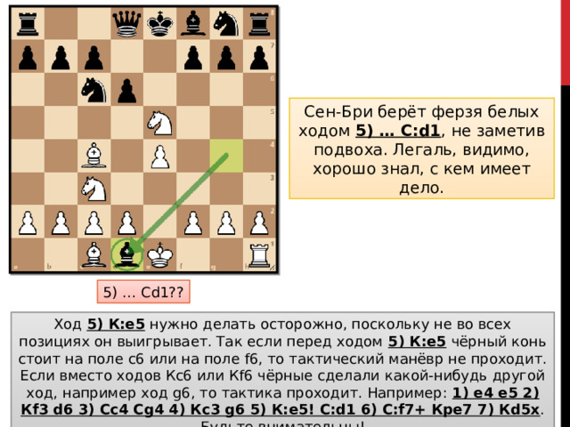 Сен-Бри берёт ферзя белых ходом 5) … С:d1 , не заметив подвоха. Легаль, видимо, хорошо знал, с кем имеет дело. 5) … Cd1?? Ход 5) К:e5 нужно делать осторожно, поскольку не во всех позициях он выигрывает. Так если перед ходом 5) К:e5 чёрный конь стоит на поле c6 или на поле f6, то тактический манёвр не проходит. Если вместо ходов Кc6 или Кf6 чёрные сделали какой-нибудь другой ход, например ход g6, то тактика проходит. Например: 1) e4 e5 2) Кf3 d6 3) Сc4 Сg4 4) Кc3 g6 5) К:e5! С:d1 6) С:f7+ Крe7 7) Кd5x . Будьте внимательны!