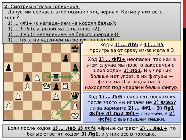 2. Смотрим угрозы соперника. Допустим сейчас в этой позиции ход чёрных. Какие у них есть ходы? 1) … Фf1+ (с нападением на короля белых); 1) … Лh5 (с угрозой мата на поле h2); 1) … Лe5 (с нападением на белого ферзя e4); 1) … h5 (с нападением на белую ладью g4). Ходы 1) … Лh5 и 1) … h5 проигрывают сразу из-за мата в 3 хода. Сможете найти? Ход 1) … Фf1+ неопасен, так как в этом случае мы просто закроемся от шаха ходом 2) Лg1 . И у чёрных больше нет угроз, а их фигуры — ферзь на f1 и ладья на f5 — находятся под ударами белых фигур. Ход 1) … Лe5 неудачен, поскольку после этого мы играем не 2) Ф:е5? из-за варианта 2) … Фf1+ 3) Лg1 Ф:f3+ 4) Лg2 Фf1+ с ничьёй, а 2) Ф:f4! с выигрышем пешки. Если после ходов 1) … Лe5 2) Ф:f4 чёрные сыграют 2) … Лe1+ , то белые ответят ходом 3) Лg1 , и у них всё в порядке.