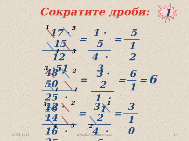 1 Сократите дроби: 1 5 17 · 15 1 · 5  5 12 ·51 4 · 3 12 = = 4 3 3 2 48 · 50 25 · 16 3 · 2 1 · 1 6 1 6 = = = 1 1 2 1 3 3 10 3 · 2 12 · 14 16 · 35 4 · 5 = = 5 4 2 www.konspekturoka.ru  10.05.2012