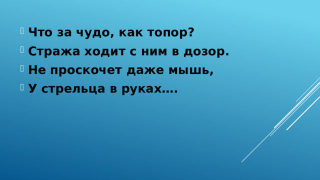 Что за чудо, как топор? Стража ходит с ним в дозор. Не проскочет даже мышь, У стрельца в руках….