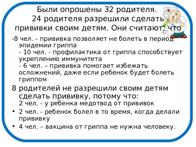 Были опрошены 32 родителя.  24 родителя разрешили сделать прививки своим детям. Они считают, что -8 чел. - прививка позволяет не болеть в период эпидемии гриппа  - 10 чел. - профилактика от гриппа способствует укреплению иммунитета  - 6 чел. – прививка помогает избежать осложнений, даже если ребенок будет болеть гриппом 8 родителей не разрешили своим детям сделать прививку, потому что:  2 чел. - у ребенка медотвод от прививок