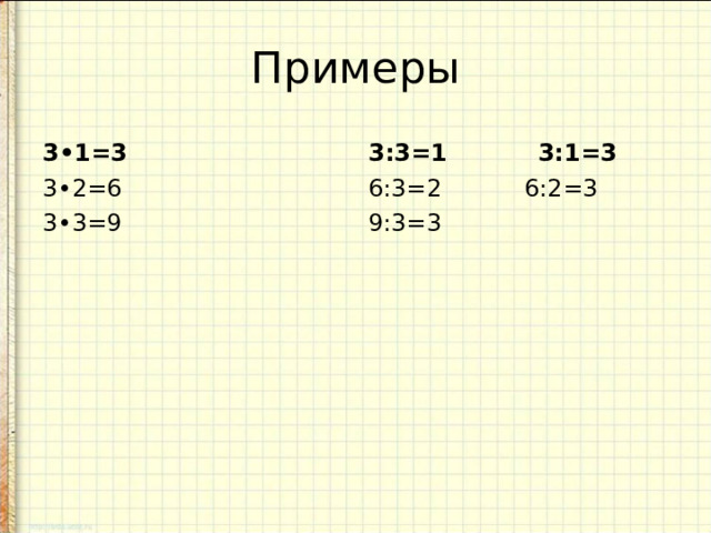 Примеры 3•1=3 3:3=1 3:1=3 3•2=6 3•3=9 6:3=2 6:2=3 9:3=3