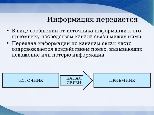 Информация передается В виде сообщений от источника информации к его приемнику посредством канала связи между ними. Передача информации по каналам связи часто сопровождается воздействием помех, вызывающих искажение или потерю информации. КАНАЛ СВЯЗИ ИСТОЧНИК ПРИЕМНИК