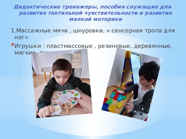 Дидактические тренажеры, пособия служащие для развития тактильной чувствительности и развитие мелкой моторики 1.Массажные мячи , шнуровки, « сенсорная тропа для ног»