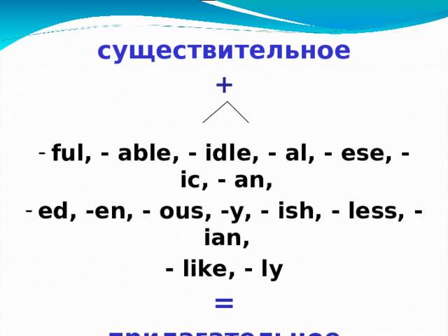 существительное +   ful, - able, - idle, - al, - ese, - ic, - an, ed, -en, - ous, -y, - ish, - less, - ian, - like, - ly = прилагательное