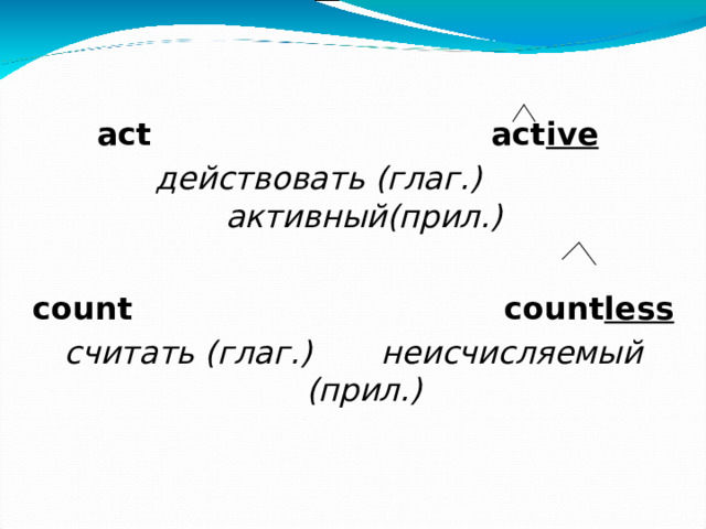 act  act ive  действовать (глаг.) активный(прил.)  count  count less считать (глаг.) неисчисляемый (прил.)