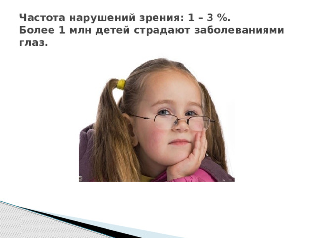 Частота нарушений зрения: 1 – 3 %.  Более 1 млн детей страдают заболеваниями глаз.