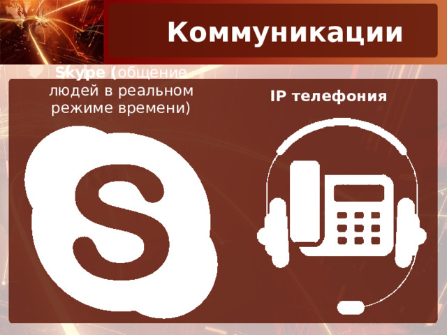 Коммуникации   IP телефония Skype ( общение людей в реальном режиме времени)