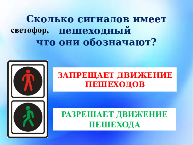 Сколько сигналов имеет пешеходный что они обозначают? ЗАПРЕЩАЕТ ДВИЖЕНИЕ ПЕШЕХОДОВ