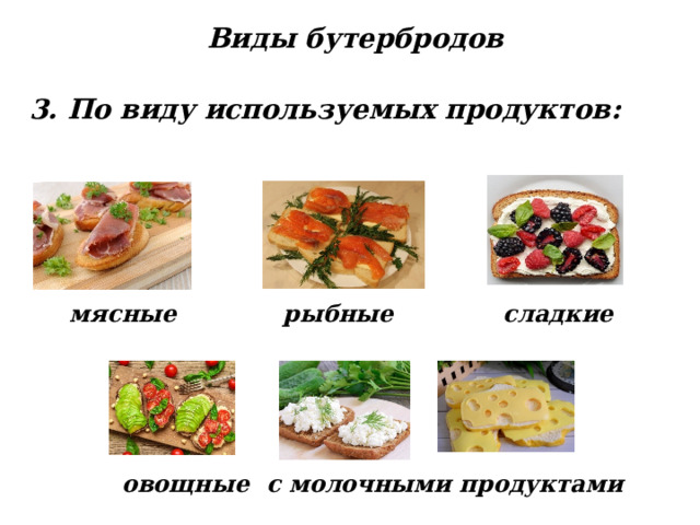 Виды бутербродов 3. По виду используемых продуктов: мясные  рыбные  сладкие овощные с молочными продуктами