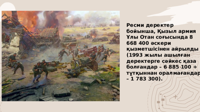 Ресми деректер бойынша, Қызыл армия Ұлы Отан соғысында 8 668 400 әскери қызметшісінен айрылды (1993 жылы ашылған деректерге сәйкес қаза болғандар – 6 885 100 + тұтқыннан оралмағандар – 1 783 300).
