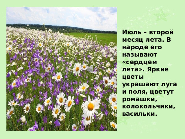 Июль – второй месяц лета. В народе его называют «сердцем лета». Яркие цветы украшают луга и поля, цветут ромашки, колокольчики, васильки.