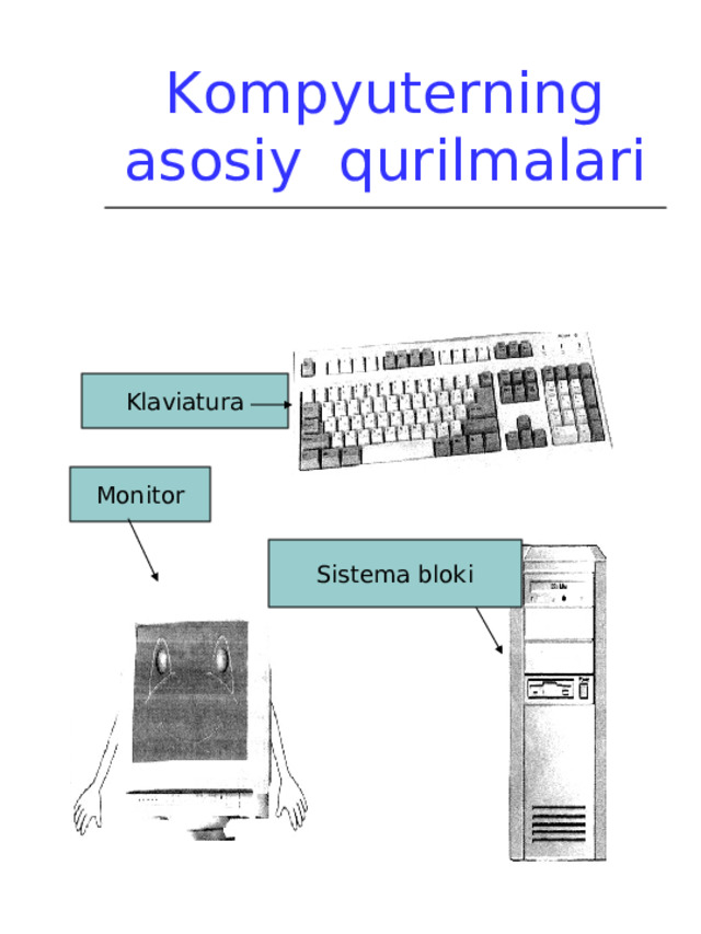 Kompyuterning asosiy qurilmalari Klaviatura Monitor Sistema bloki