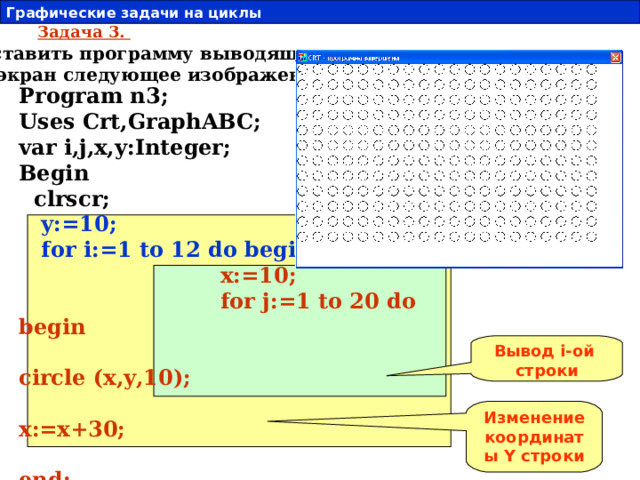 Графические задачи на циклы  12 Задача 3. Составить программу выводящую на экран следующее изображение Program n3; Uses Crt,GraphABC; var i,j,x,y:Integer; Begin  clrscr;  y:=10;  for i:=1 to 12 do begin  x:=10;  for j:=1 to 20 do begin  circle (x,y,10);  x:=x+30;  end;  y:=y+30;    end; end. Вывод i- ой строки Изменение координаты Y строки