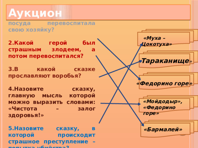 Аукцион 1. В каком произведении посуда перевоспитала свою хозяйку?  2.Какой герой был страшным злодеем, а потом перевоспитался?  3.В какой сказке прославляют воробья?  4.Назовите сказку, главную мысль которой можно выразить словами: «Чистота – залог здоровья!»  5.Назовите сказку, в которой происходит страшное преступление – попытка убийства?    «Муха – Цокотуха» « Тараканище » «Федорино горе» «Мойдодыр», «Федорино горе» «Бармалей»