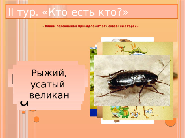 II тур. «Кто есть кто?»  - Каким персонажам принадлежат эти сказочные герои.   Айболит  Тотошка, Кокошка Рыжий, усатый великан Барабек  Федора  Цокотуха  Мойдодыр Бармалей  Каракула