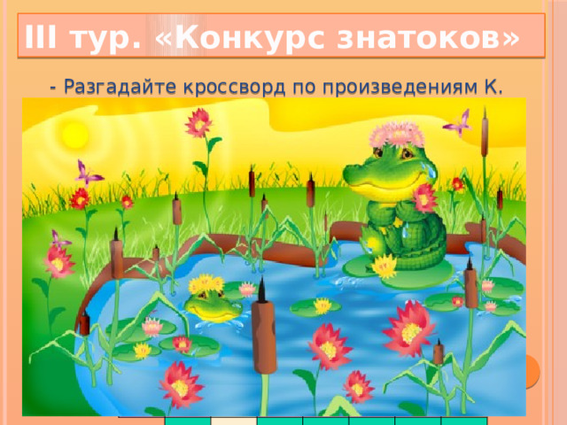 III тур. «Конкурс знатоков» - Разгадайте кроссворд по произведениям К. Чуковского и узнаете, как называется первая сказка писателя. а л у к к р а а  2   3   4   6  7  8  к н а т р а а о о к ц т у х а ш а о о к к д о й м о д ы р е д ь м е в д о п о л м и п е е л т ф о н