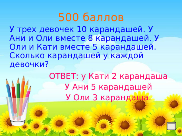 500 баллов У трех девочек 10 карандашей. У Ани и Оли вместе 8 карандашей. У Оли и Кати вместе 5 карандашей. Сколько карандашей у каждой девочки? ОТВЕТ: у Кати 2 карандаша У Ани 5 карандашей У Оли 3 карандаша.