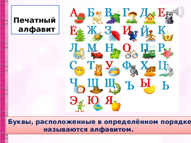 Печатный  алфавит Буквы, расположенные в определённом порядке  называются алфавитом.