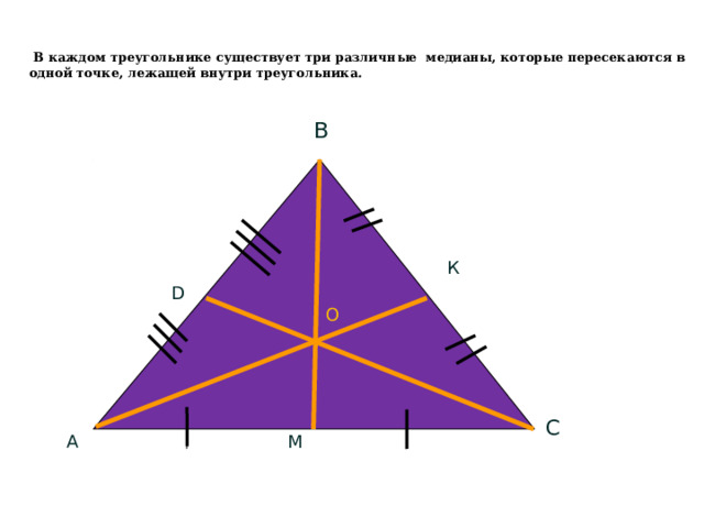 В каждом треугольнике существует три различные медианы, которые пересекаются в одной точке, лежащей внутри треугольника.   В К D О С М А