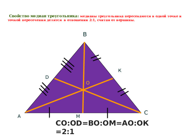 Свойство медиан треугольника: медианы треугольника пересекаются в одной точке и точкой пересечения делятся в отношении 2:1, считая от вершины.   В К D О С М А СО:ОD=ВО:ОМ=АО:ОК=2:1