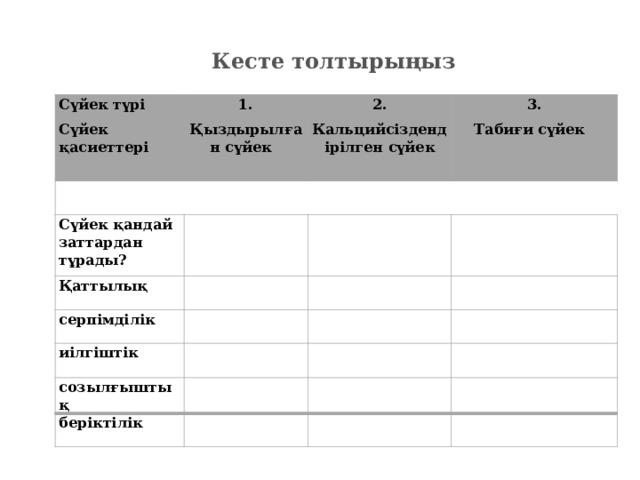 Кесте толтырыңыз  Сүйек түрі Сүйек қасиеттері 1. Қыздырылған сүйек 2. Сүйек қандай заттардан тұрады? Қаттылық Кальцийсіздендірілген сүйек 3.     серпімділік Табиғи сүйек       иілгіштік           созылғыштық     беріктілік              