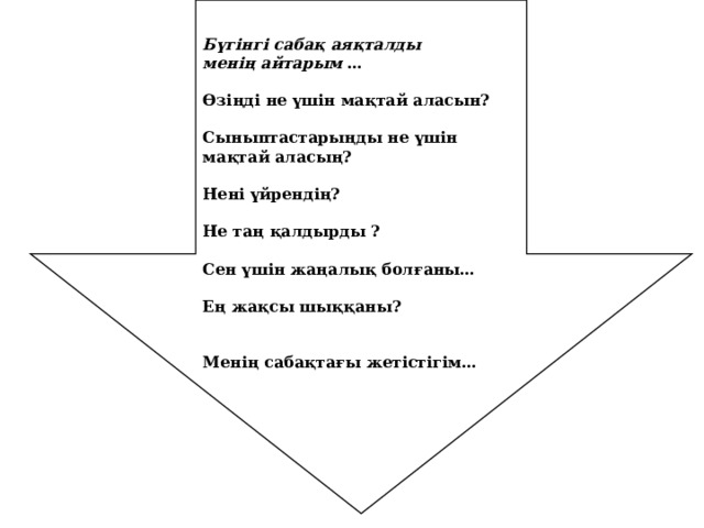 Бүгінгі сабақ аяқталды менің айтарым …   Өзіңді не үшін мақтай аласын?    Сыныптастарыңды не үшін мақтай аласың?   Нені үйрендің?   Не таң қалдырды ?   Сен үшін жаңалық болғаны…   Ең жақсы шыққаны?     Менің сабақтағы жетістігім…  