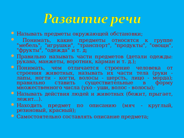 Называть предметы окружающей обстановки;  Понимать, какие предметы относятся к группе 