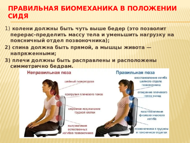 правильная биомеханика в положении сидя 1) колени должны быть чуть выше бедер (это позволит перерас-пределить массу тела и уменьшить нагрузку на поясничный отдел позвоночника); 2) спина должна быть прямой, а мышцы живота — напряженными; 3) плечи должны быть расправлены и расположены симметрично бедрам.