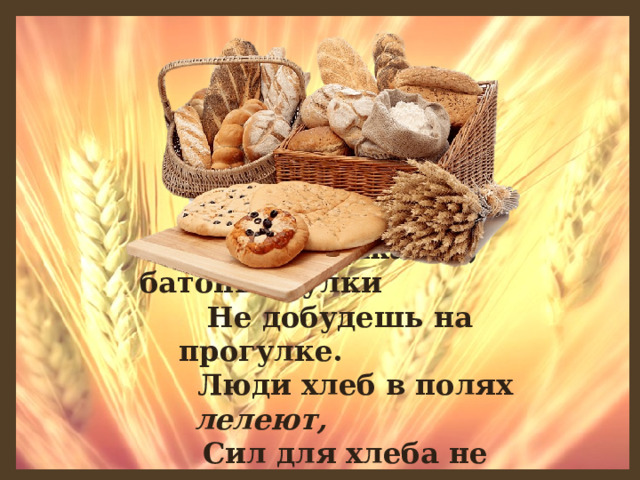 Хлеб ржаной, батоны, булки  Не добудешь на прогулке.  Люди хлеб в полях лелеют,  Сил для хлеба не жалеют.