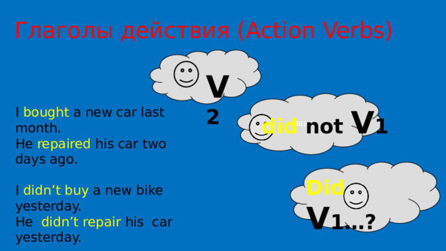 Глаголы действия (Action Verbs)  V 2 вшв did not V 1 I bought a new car last month. He repaired his car two days ago. I didn’t buy a new bike yesterday. He didn’t repair his car yesterday. Did you buy a new car? When did you buy a new car? Did  V 1…?