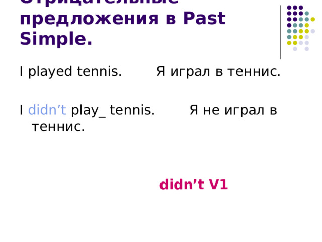 Отрицательные предложения в Past Simple. I played tennis. Я играл в теннис. I didn’t play_ tennis. Я не играл в теннис.  didn’t V1