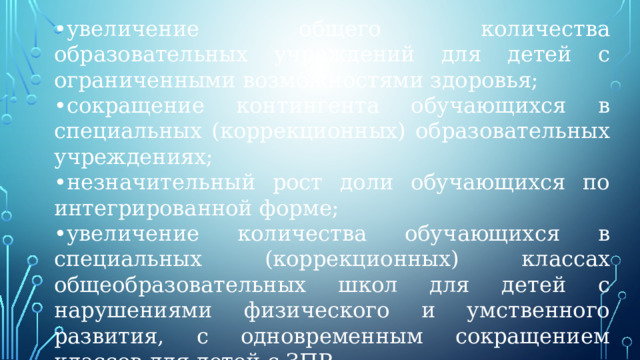 • увеличение общего количества образовательных учреждений для детей с ограниченными возможностями здоровья; • сокращение контингента обучающихся в специальных (коррекционных) образовательных учреждениях; • незначительный рост доли обучающихся по интегрированной форме; • увеличение количества обучающихся в специальных (коррекционных) классах общеобразовательных школ для детей с нарушениями физического и умственного развития, с одновременным сокращением классов для детей с ЗПР