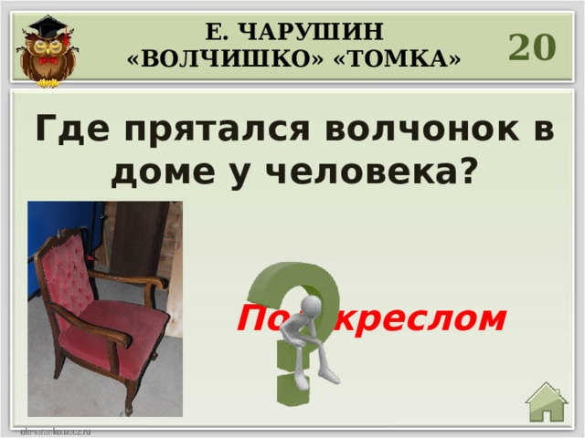 Е. Чарушин  «Волчишко» «ТОМКА» 20 Где прятался волчонок в доме у человека?  Под креслом