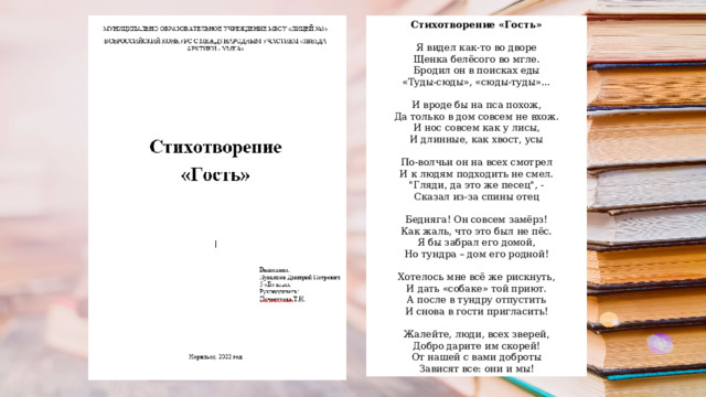 Стихотворение «Гость»   Я видел как-то во дворе Щенка белёсого во мгле. Бродил он в поисках еды «Туды-сюды», «сюды-туды»…   И вроде бы на пса похож, Да только в дом совсем не вхож. И нос совсем как у лисы, И длинные, как хвост, усы   По-волчьи он на всех смотрел И к людям подходить не смел. 