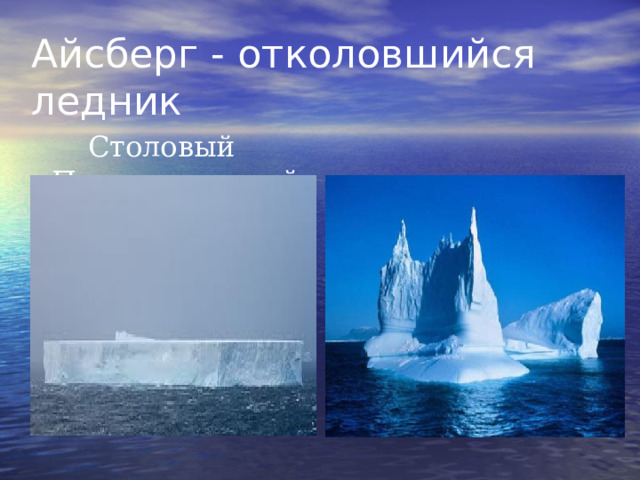 Айсберг - отколовшийся ледник  Столовый Пирамидальный