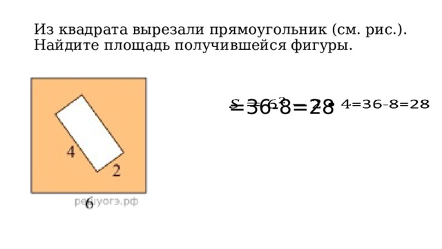 Из квадрата вырезали прямоугольник (см. рис.). Найдите площадь получившейся фигуры. =36-8=28  