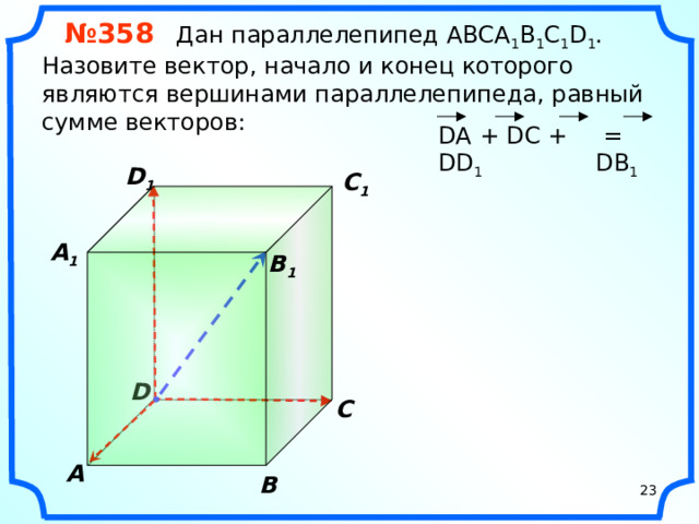 № 358 Дан параллелепипед АВСA 1 B 1 C 1 D 1 . Назовите вектор, начало и конец которого являются вершинами параллелепипеда, равный сумме векторов: DА + DC + DD 1  = DB 1 D 1 C 1  A 1  B 1 «Геометрия 10-11» Л.С. Атанасян и др. D С A В 23 23
