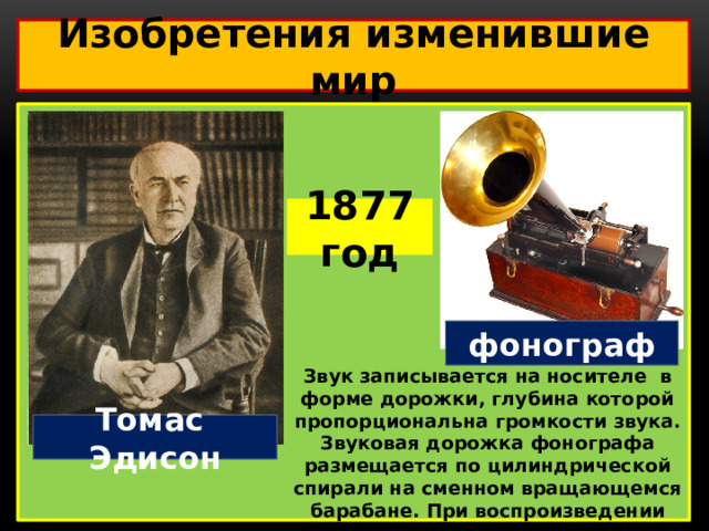 Изобретения изменившие мир  1877 год фонограф Звук записывается на носителе в форме дорожки, глубина которой пропорциональна громкости звука. Звуковая дорожка фонографа размещается по цилиндрической спирали на сменном вращающемся барабане. При воспроизведении игла, двигающаяся по канавке, передаёт колебания на упругую мембрану, которая излучает звук. Томас Эдисон
