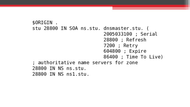 $ORIGIN .  stu 28800 IN SOA ns.stu. dnsmaster.stu. (       2005033100 ; Serial       28800 ; Refresh       7200 ; Retry       604800 ; Expire       86400 ; Time To Live) ; authoritative name servers for zone  28800 IN NS ns.stu.  28800 IN NS ns1.stu.