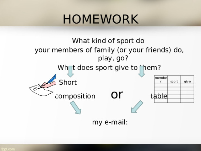 HOMEWORK What kind of sport do your members of family (or your friends) do, play, go? What does sport give to them? member   sport give                              Short  composition or  table  my e-mail: