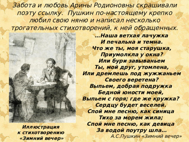 Забота и любовь Арины Родионовны скрашивали поэту ссылку. Пушкин по-настоящему крепко любил свою няню и написал несколько трогательных стихотворений, к ней обращенных. … Наша ветхая лачужка И печальна и темна. Что же ты, моя старушка, Приумолкла у окна? Или бури завываньем Ты, мой друг, утомлена, Или дремлешь под жужжаньем Своего веретена? Выпьем, добрая подружка Бедной юности моей, Выпьем с горя; где же кружка? Сердцу будет веселей. Спой мне песню, как синица Тихо за морем жила; Спой мне песню, как девица За водой поутру шла…  А.С.Пушкин «Зимний вечер» Иллюстрация к стихотворению «Зимний вечер»