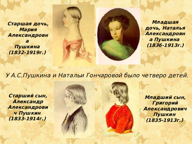 Младшая дочь, Наталья Александровна Пушкина  (1836-1913г.) Старшая дочь, Мария Александровна Пушкина  (1832-1919г.)  У А.С.Пушкина и Натальи Гончаровой было четверо детей. Старший сын, Александр Александрович Пушкин  (1833-1914г.) Младший сын, Григорий Александрович Пушкин  (1835-1913г.)