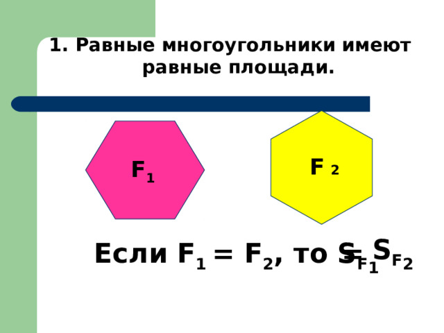 F 2 1. Равные многоугольники имеют равные площади. F 1 S F 2  Если F 1 = F 2 , то S F 1 =