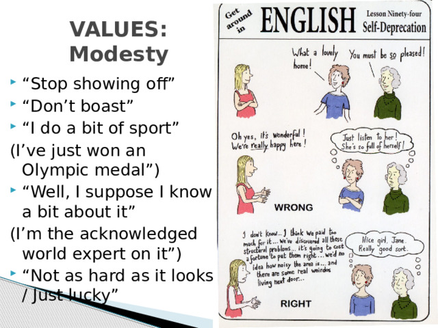 VALUES: Modesty “ Stop showing off” “ Don’t boast” “ I do a bit of sport” (I’ve just won an Olympic medal”) “ Well, I suppose I know a bit about it” (I’m the acknowledged world expert on it”)