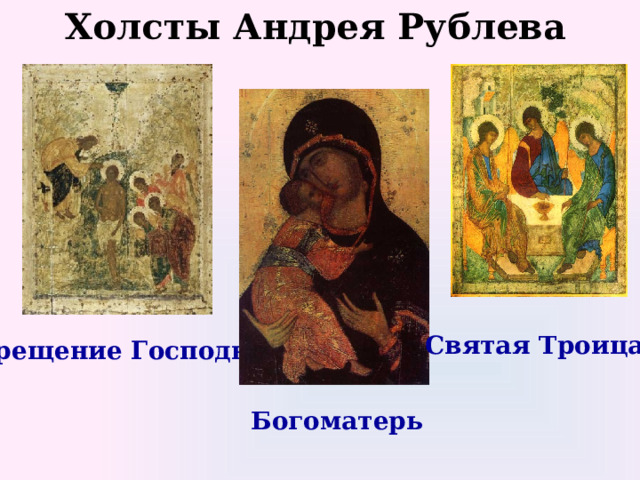 Холсты Андрея Рублева Святая Троица Крещение Господне Богоматерь