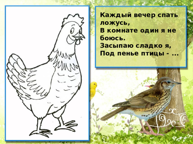 Каждый вечер спать ложусь,  В комнате один я не боюсь.  Засыпаю сладко я,  Под пенье птицы - ...